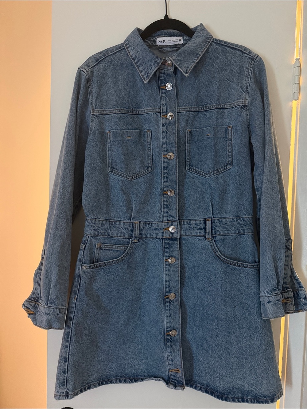 Zara Indigo Denim Button-Front Long Sleeve Dress